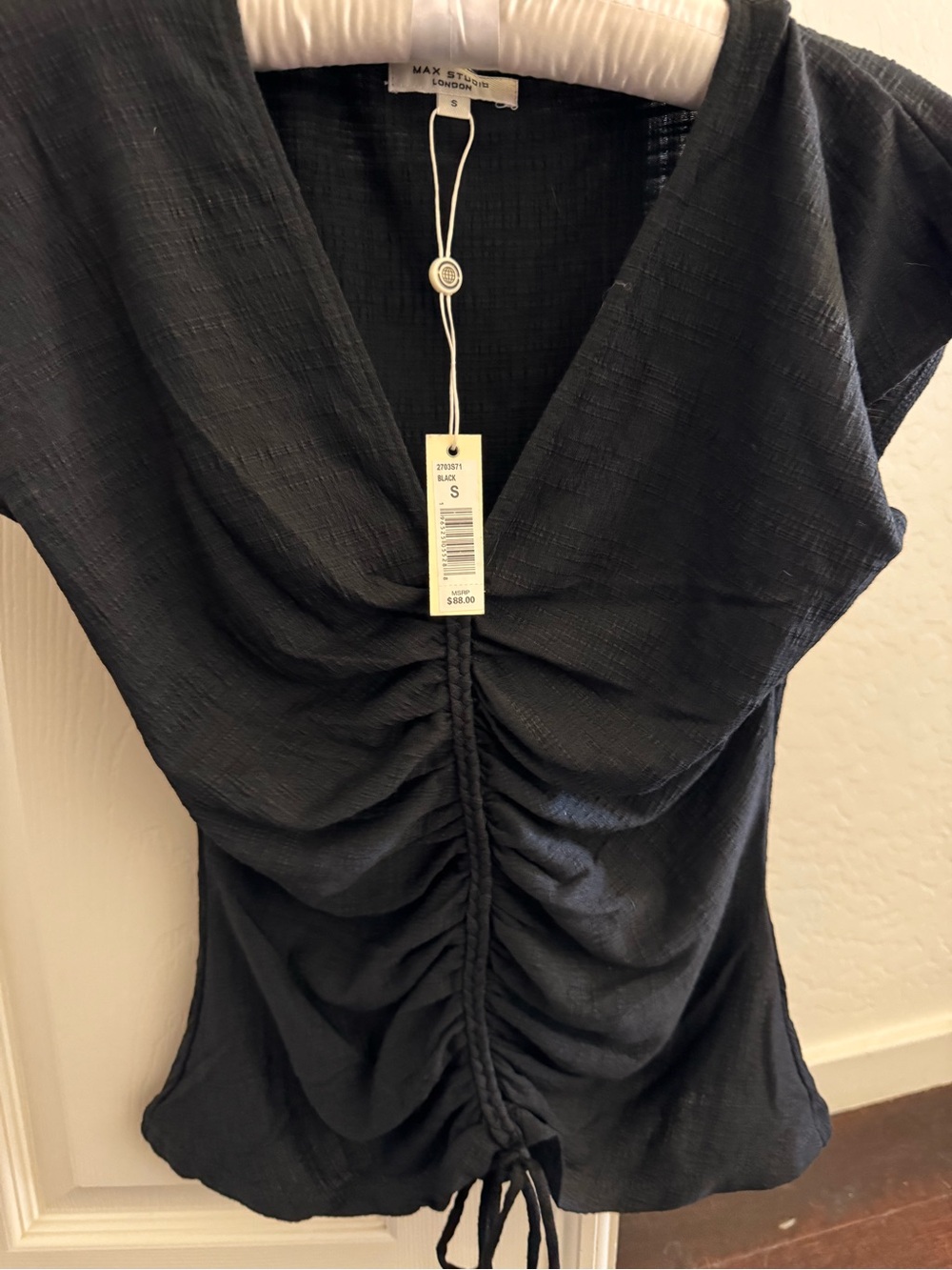 Max Studio Black Ruched Front V-Neck Sleeveless Top